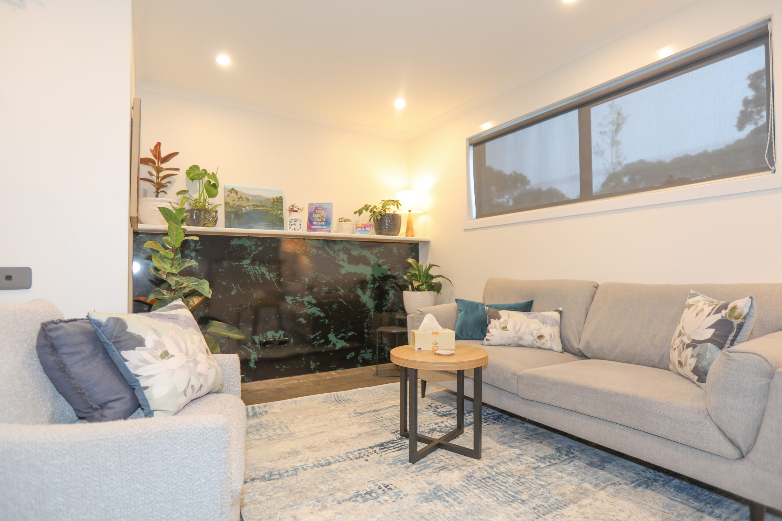 Picture of therapy room showing a relaxing space with couches and plants